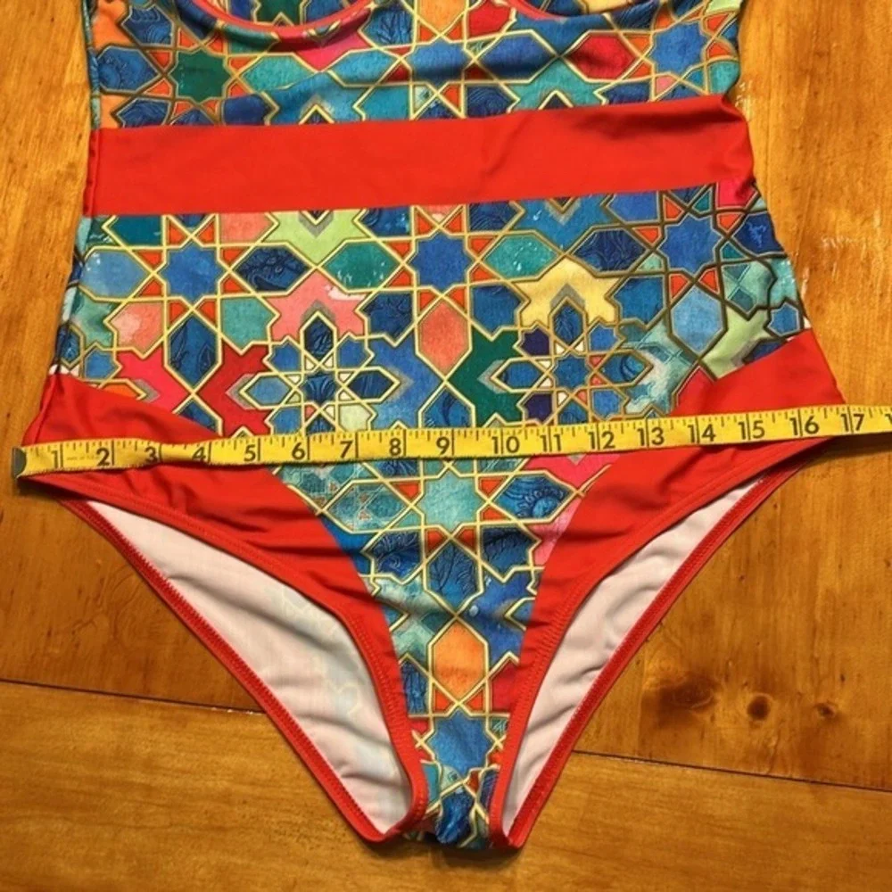 Boho Chic Geometric Mosaic Print Underwire One Piece Swimsuit and Wrap Skirt Set